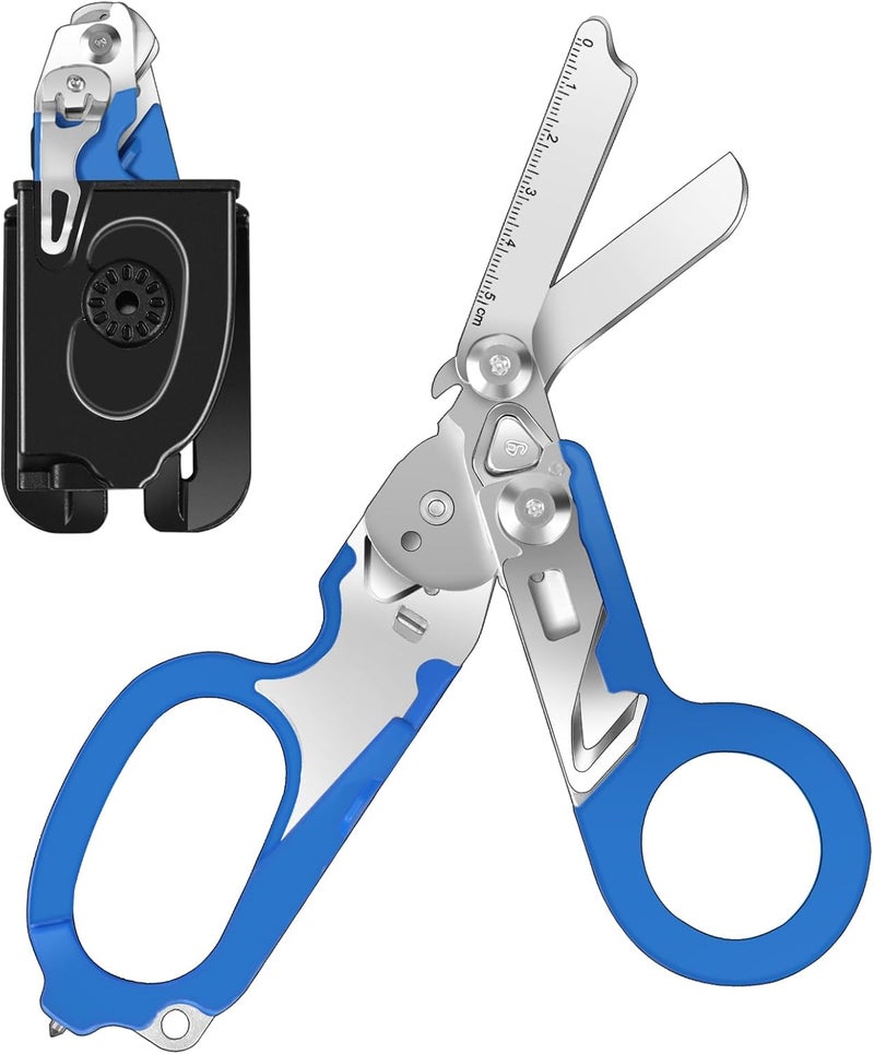 DEKELIY 6 In 1 Multifunctional Trauma Shears, Emergency Response Shears Stainless Steel Foldable Shears With Holster,Medical Trauma Shears Foldable With Strap Cutter Blue - Image 1